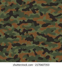 Camouflage seamless pattern background. Classic clothing style masking camo repeat print. Green, olive and brown colors forest texture. Four color layered vector design element illustration