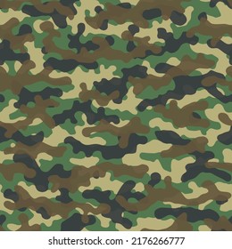 Camouflage seamless pattern background. Classic clothing style masking camo repeat print. Green, olive and tan colors forest texture. Design element vector illustration.