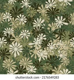 Camouflage seamless pattern background. Classic clothing style masking camo repeat print. Green and olive tan colors of summer forest texture. Vector textile illustration.