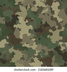 Camouflage nahtlose Muster Hintergrund. Klassische Kleidung Masking Camo wiederholen Druck. Grünbraune Olivenfarben, Waldstruktur. Vektorgrafik.