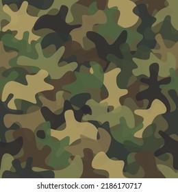 Camouflage seamless pattern background. Classic clothing style masking camo repeat print. Green brown tan colors forest swamp texture. Vector illustration.