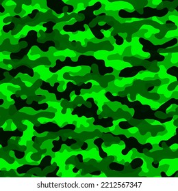 Camouflage seamless pattern background. Classic clothing style masking camo repeat print. Toxic green, lime and black colors urban texture. Four color layered design element vector illustration.