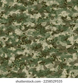 Camouflage seamless pattern background. Classic clothing style masking camo repeat print. Green, olive and tan colors forest texture. Design element vector illustration.