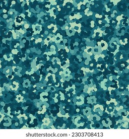 Camouflage seamless pattern background. Classic winter partisan clothing style masking camo repeat print. Skyblue and teal colors army field and urban texture. Design element vector illustration.