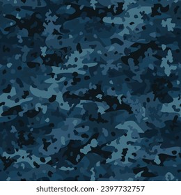 Camouflage seamless pattern background. Classic clothing style masking camo repeat print. Denim blue, deep water navy halftone colors texture. Vector design element backdrop.