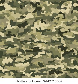 Camouflage seamless pattern background. Classic clothing style masking camo repeat print. Olive and tan colors forest texture. Design element vector illustration.