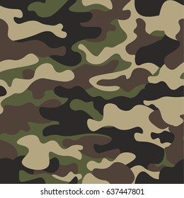 Camouflage seamless pattern background. Classic clothing style masking camo repeat print. Green brown black olive colors forest texture. Design element. Vector illustration.