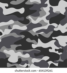 Camouflage seamless pattern background. Classic clothing style masking camo repeat print. Black grey white colors winter ice texture. Design element. Vector illustration.