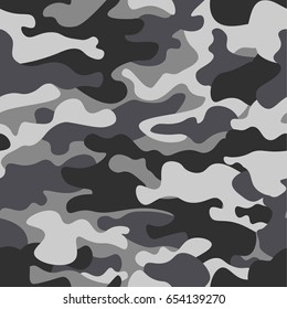 Camouflage seamless pattern background. Classic clothing style masking camo repeat print. Black grey white colors winter ice texture. Design element. Vector illustration.