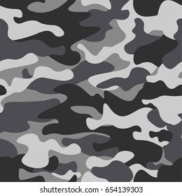 Camouflage seamless pattern background. Classic clothing style masking camo repeat print. Black grey white colors winter ice texture. Design element. Vector illustration.