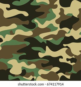 Camouflage seamless pattern background. Classic clothing style masking camo repeat print. Green brown black olive colors forest texture. Design element. Vector illustration.