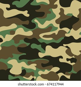 Camuflaje sin fisuras de fondo. Tinta repetida de camo de estilo clásico para enmascarar ropa. Textura verde marrón color oliva negro color bosque. Elemento de diseño. Ilustración vectorial.