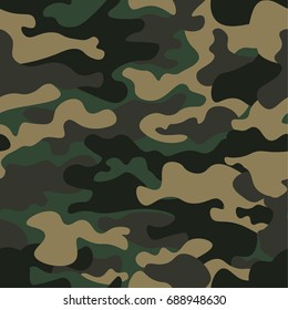 Camouflage seamless pattern background. Classic clothing style masking camo repeat print. Green brown black olive colors forest texture. Design element. Vector illustration.