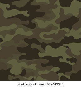 Camouflage seamless pattern background. Classic clothing style masking camo repeat print. Green brown black olive colors forest texture. Design element. Vector illustration.