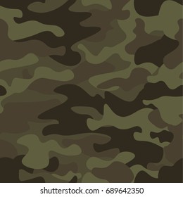 Camouflage seamless pattern background. Classic clothing style masking camo repeat print. Green brown black olive colors forest texture. Design element. Vector illustration.