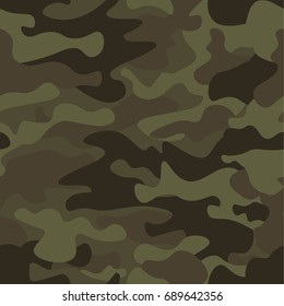 Camouflage seamless pattern background. Classic clothing style masking camo repeat print. Green brown black olive colors forest texture. Design element. Vector illustration.