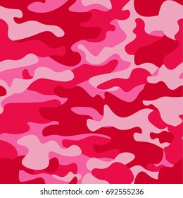 Camouflage seamless pattern background. Classic clothing style masking camo repeat print. Pink orchid rose ruby colors forest texture. Design element. Vector illustration.