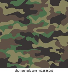 Camouflage nahtlose Muster Hintergrund. Klassische Kleidung Masking Camo wiederholen Druck. Grünbraune schwarze Olivenfarben Waldstruktur. Design-Element.  Vektorgrafik.