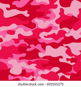 Camouflage seamless pattern background. Classic clothing style masking camo repeat print. Pink orchid rose ruby colors forest texture. Design element. Vector illustration.