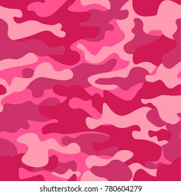 Camouflage seamless pattern background. Classic clothing style masking camo repeat print. Pink orchid rose ruby colors forest texture. Design element. Vector illustration