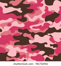 Camouflage seamless pattern background. Classic clothing style masking camo repeat print. Pink orchid rose ruby colors forest texture. Design element. Vector illustration.
