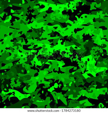 Camouflage seamless pattern background. Decorative clothing style masking camo repeat print. Emerald, jade, toxic green halftone colors texture. Vector design element backdrop.
