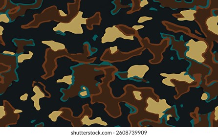 Camouflage seamless pattern background. Horizontal seamless banner. Classic clothing style masking camo repeat print.  brown black olive colors forest texture. Design element. Vector