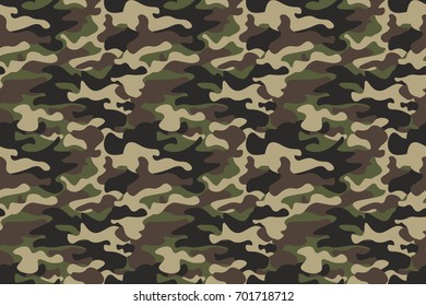 Camouflage seamless pattern background. Horizontal seamless banner. Classic clothing style masking camo repeat print. Green brown black olive colors forest texture. Design element. Vector