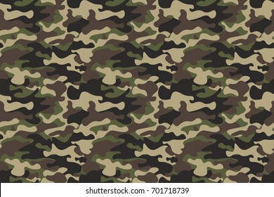 Camouflage seamless pattern background. Horizontal seamless banner. Classic clothing style masking camo repeat print. Green brown black olive colors forest texture. Design element. Vector