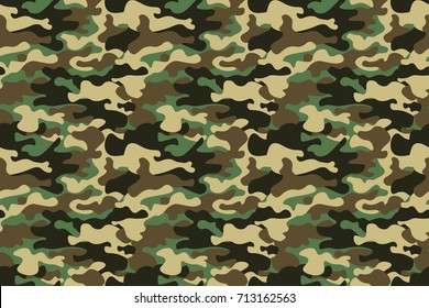Camouflage seamless pattern background. Horizontal seamless banner. Classic clothing style masking camo repeat print. Green brown black olive colors forest texture. Design element. Vector