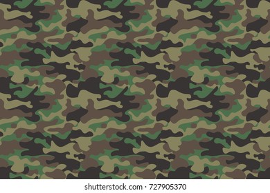 Camouflage seamless pattern background. Horizontal seamless banner. Classic clothing style masking camo repeat print. Green brown black olive colors forest texture. Design element,Vector illustration