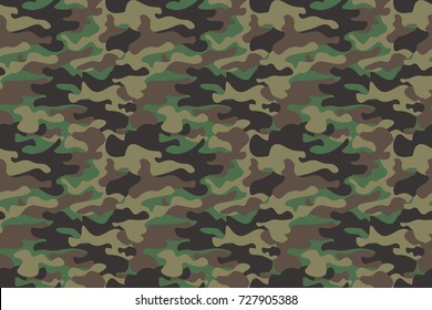 Camouflage seamless pattern background. Horizontal seamless banner. Classic clothing style masking camo repeat print. Green brown black olive colors forest texture. Design element,Vector illustration