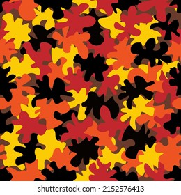 Fondo de patrón sin fisuras de camuflaje. Estilo de ropa urbana de Sudáfrica enmascarando camo repite la impresión. Colores rojos, anaranjados, amarillos y negros. Textura decorativa. Ilustración vectorial de elemento de diseño.