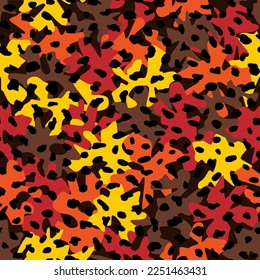 Camouflage seamless pattern background. South Africa urban clothing style masking camo repeat print. Red, orange, yellow and black colors decorative texture. Design element vector illustration.