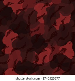 Camouflage seamless pattern background. Tiger and brown clothing style masking camo repeat print. Maroon red and brown colors forest texture. Vector illustration.
