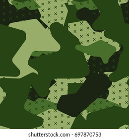 Camouflage seamless pattern. Camouflage pattern background seamless vector illustration. Classic clothing style masking camo repeat print. Green brown black olive colors forest texture camouflage.