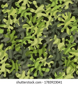 Fondo de patrón sin fisuras de camuflaje. Estilo de vestimenta de cebra y caqui enmascarando la huella de camo repetida. Colores de cal verde claro textura de bosque. Ilustración vectorial.