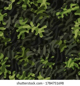 Camouflage seamless pattern background. Zebra and khaki clothing style masking camo repeat print. Light green lime colors forest texture. Vector illustration.