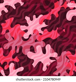 Fondo de patrón sin fisuras de camuflaje. Trazos de cebra estilo de ropa de camo enmascarando la huella repetida de camo. Colores de rubí rosa rosa rosado textura decorativa. Ilustración vectorial de elemento de diseño.