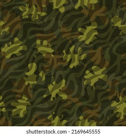 Camouflage seamless pattern background. Zebra clothing style masking camo repeat print. Green, brown and olive colors autumn forest texture. Vector illustration for fashion prints