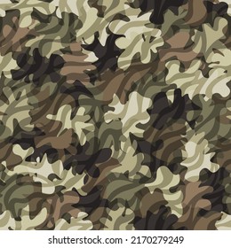 Camouflage seamless pattern background. Zebra and khaki clothing style masking camo repeat print. Olive and tan colors forest texture. Vector illustration.