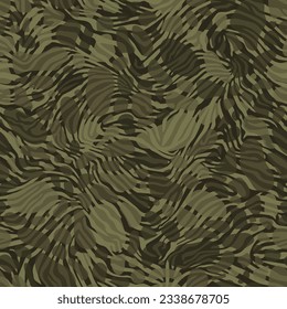 Camouflage seamless pattern background. Zebra clothing style masking camo repeat print. Green, brown and olive colors autumn forest texture. Vector illustration for fashion prints