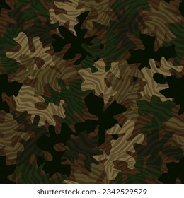 Camouflage seamless pattern background. Zebra and khaki clothing style masking camo repeat print. Dark green and brown colors desert texture. Vector illustration.