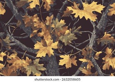 Camouflage seamless pattern. black camouflage background. Forest real tree camouflage design. Winter hunting camouflage. Digital camo