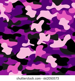 Camouflage seamless pattern in a black, pink, violet and grey colors.