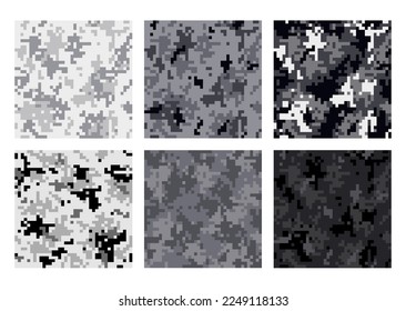 Camouflage seamless pattern. Black white gray digital pixel tiles. Military textile concept. Modern camo navy uniform for soldiers in the war. Multicolor militaristic wallpaper vector illustration