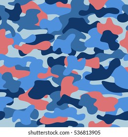 Camouflage seamless pattern in a blue, aquamarine and pink colors.