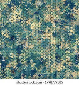 Camouflage seamless pattern with blue hexagonal endless geometric camo ornament. Abstract modern marine military style background. Template for fabric and fashion print. Vector illustration