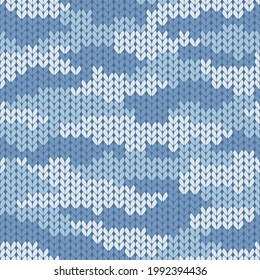 Camouflage seamless pattern with blue realistic knit texture. Vector illustration.