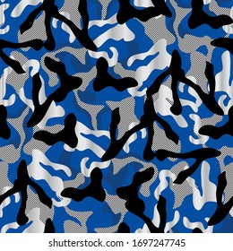 Camouflage seamless pattern in blue and silver and black colors. points background army fashion vector art